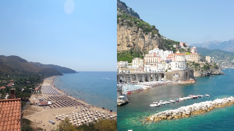 Split view of wide sandy beaches in Sperlonga and colorful cliffside buildings in Amalfi, highlighting Sperlonga vs. Amalfi